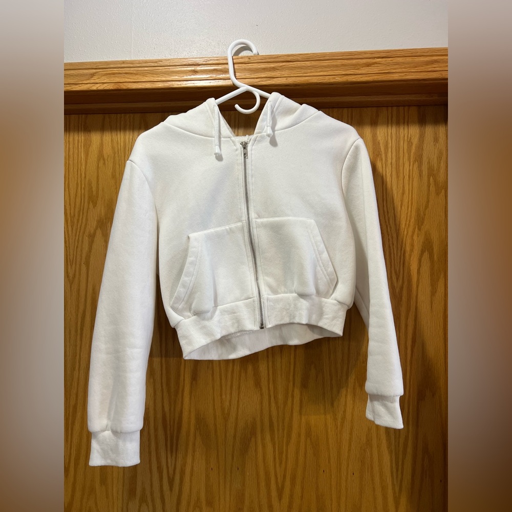 White Cropped Zip-Up Hoodie